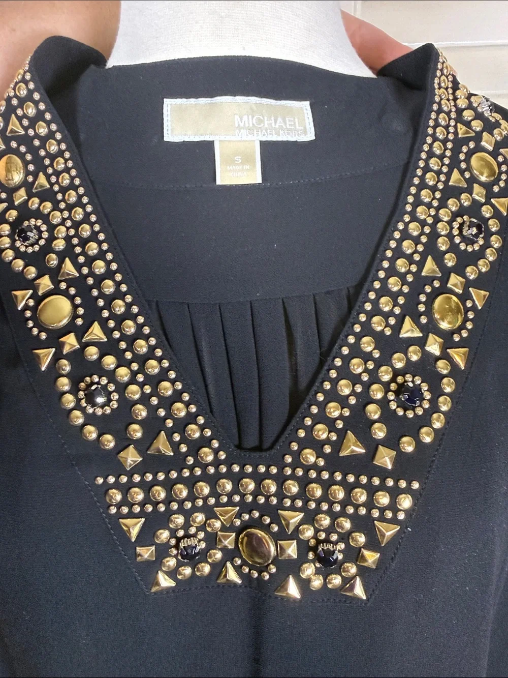 Michael Kors Beaded V-Neck Chiffon Tunic Top Black Gold Studded Sheer Blouse S